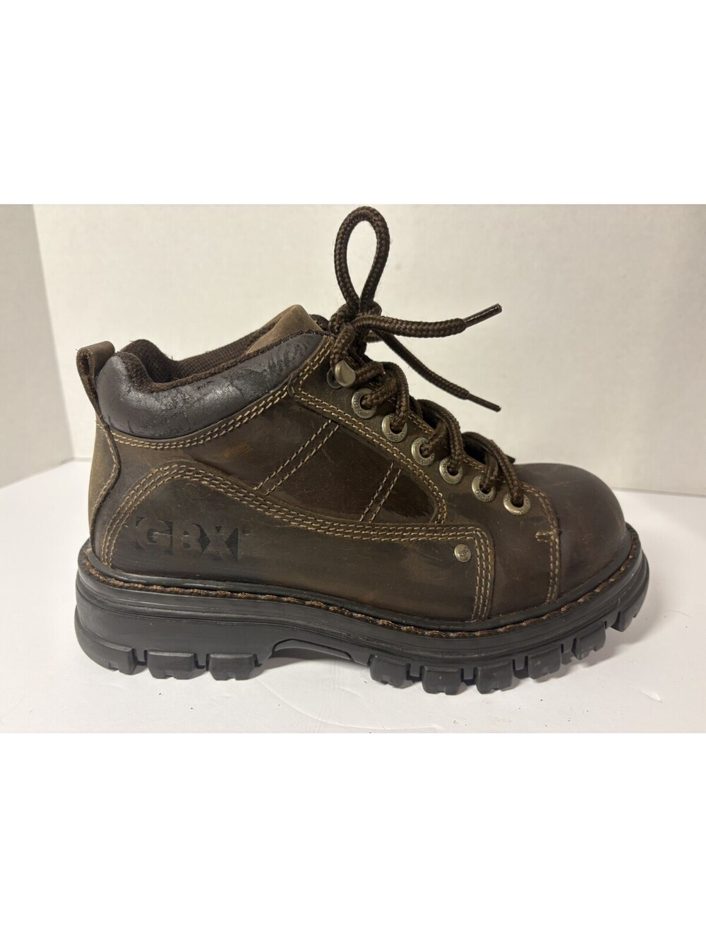 VTG GBX Men’s Chunky Y2K 90s Leather Boots Lug Sole Brown Gorpcore Sz 7D Flaws